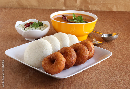 Idli or Idly, Homemade Healthy South Indian Vegetarian Breakfast, and Vada, with Sambar and Chutney as Side Dishes