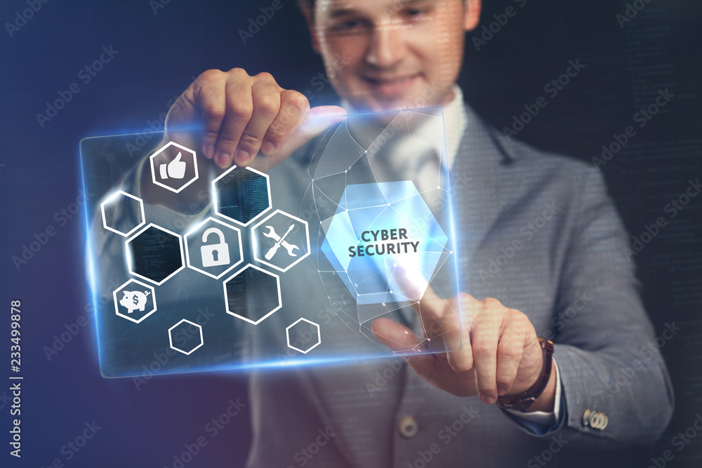 Business, Technology, Internet and network concept. Young businessman working on a virtual screen of the future and sees the inscription: Cyber security . Business, Technology, Internet and network concept. Young businessman working on a virtual screen of the future and sees the inscription: Cyber security .