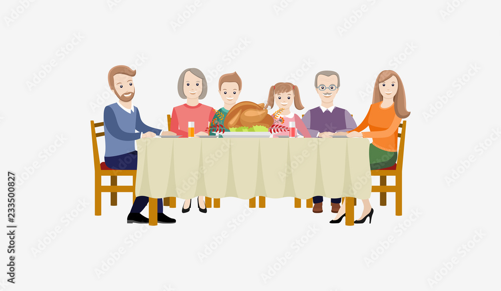Thanksgiving Day. The family celebrates Thanksgiving at the table. Vector illustration on white background.