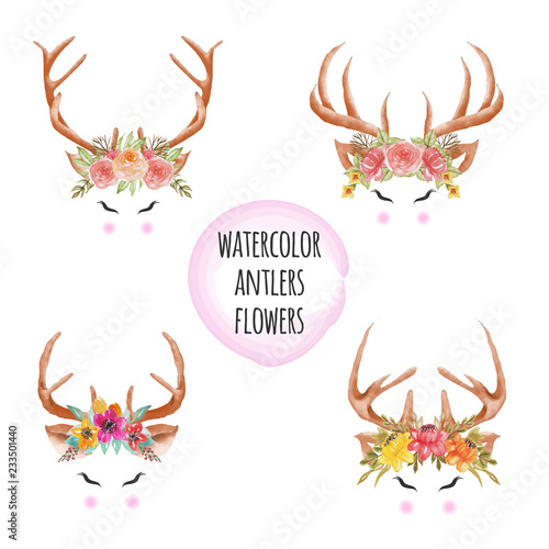 Set of Watercolor antlers flowers