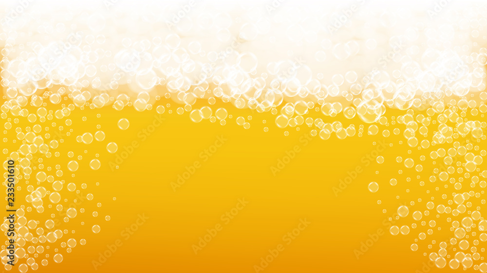 Splash beer. Background for craft lager. Oktoberfest foam. Czech pint of ale with realistic white bubbles. Cool liquid drink for bar menu design. Gold bottle with splash beer. Splash beer. Background for craft lager. Oktoberfest foam. Czech pint of ale with realistic white bubbles. Cool liquid drink for bar menu design. Gold bottle with splash beer.