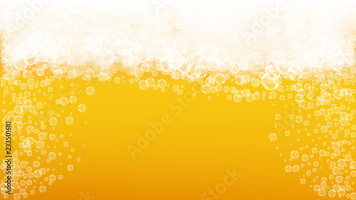 Splash beer. Background for craft lager. Oktoberfest foam. Czech pint of ale with realistic white bubbles. Cool liquid drink for bar menu design. Gold bottle with splash beer.