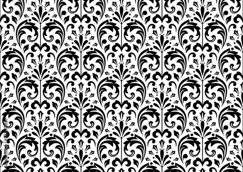 Wallpaper in the style of Baroque. Seamless vector background. White and black floral ornament. Graphic pattern for fabric, wallpaper, packaging. Ornate Damask flower ornament