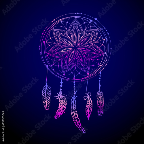 Abstract glowing dreamcatcher in blue and pink colors. Luminescence vector illustration. Boho style background, ethnic design element for flyers, tshirts, clothing, print  web