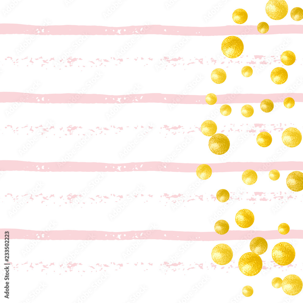Gold glitter confetti with dots on pink stripes. Random falling sequins with glossy sparkles. Template with gold glitter confetti for party invitation, bridal shower and save the date invite. Gold glitter confetti with dots on pink stripes. Random falling sequins with glossy sparkles. Template with gold glitter confetti for party invitation, bridal shower and save the date invite.