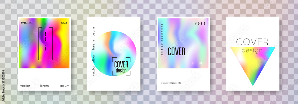 Geometric cover set. Abstract backgrounds. Retro geometric cover with gradient mesh 90s, 80s retro style. Pearlescent graphic template for brochure, banner, wallpaper, mobile screen