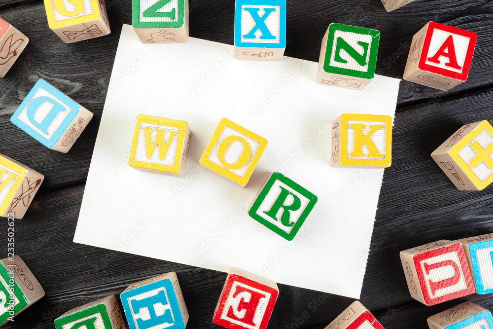 work cube with letters, sign with wooden cubes work cube with letters, sign with wooden cubes