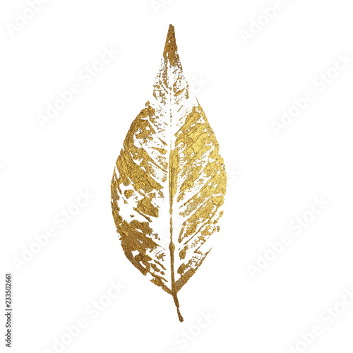 Gold leaf as design element isolated on white background. Leaf print with gold acrylic paint. Holiday decoration in style grunge