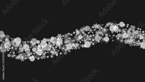 Christmas snow on black background. New year theme. Horizontal frame for winter banner, gift coupon, voucher, ad, party event. New Year and Christmas snow design. Falling snowflakes for celebration © Holo Art