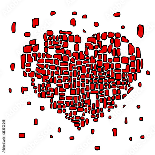 Magical vector illustration in bright red hearts heart breaking into pieces on a white background for desing, wallpaper, card, cover page, tattoo, web site, banner.