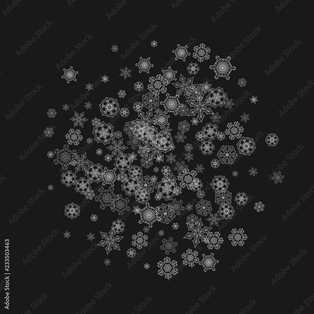 Silver snowflakes frame on black background. Winter window. Shiny Christmas and New Year frame for gift certificate, ads, banners, flyers. Falling snow with glitter silver snowflakes for party invite