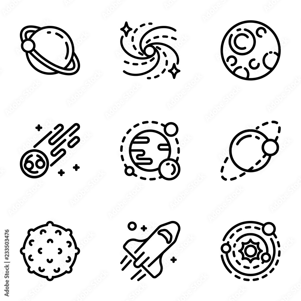 Solar system icon set. Outline set of 9 solar system vector icons for web design isolated on white background