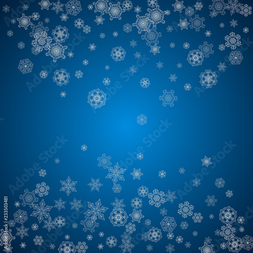 New year background with silver frosty snowflakes. Snowfall backdrop. Stylish new year background for holiday banners  cards. Falling snow with sparkles and flakes for season special offers and sales.