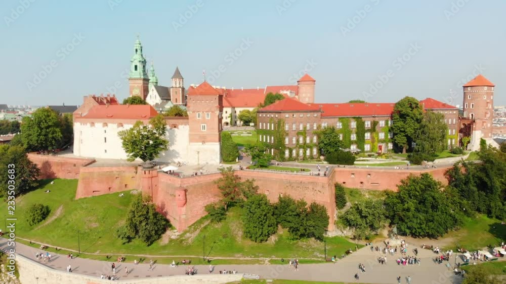 Aerial Drone shot rising over Wawel Royal Castle, Krakow Old Town, Poland Aerial Drone shot rising over Wawel Royal Castle, Krakow Old Town, Poland