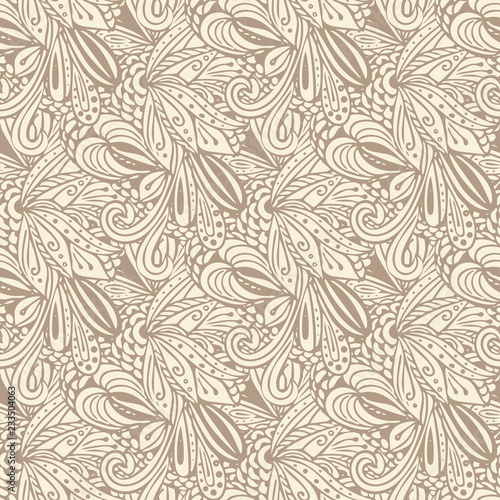 Abstract beige seamless pattern with stilyzed flowers and leaves.