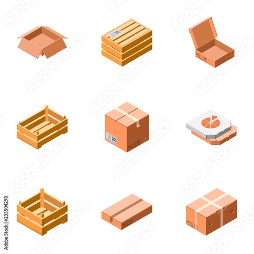 Carton package icon set. Isometric set of 9 carton package vector icons for web design isolated on white background