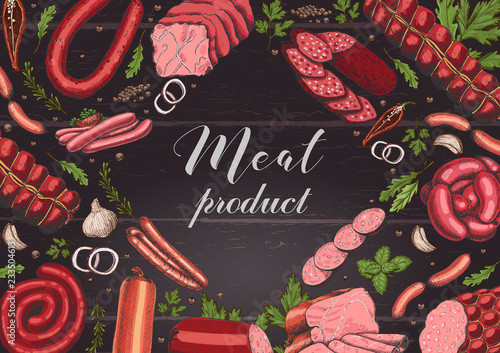 Horizontal background with different color meat products in sketch style. Sausages, ham, bacon, lard, salami