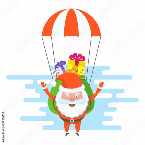 Funny happy Santa Claus character flying a parachute with a bag of gifts. Celebration of Merry Christmas and New Year. For Holiday Greeting cards, banners, tags and labels.