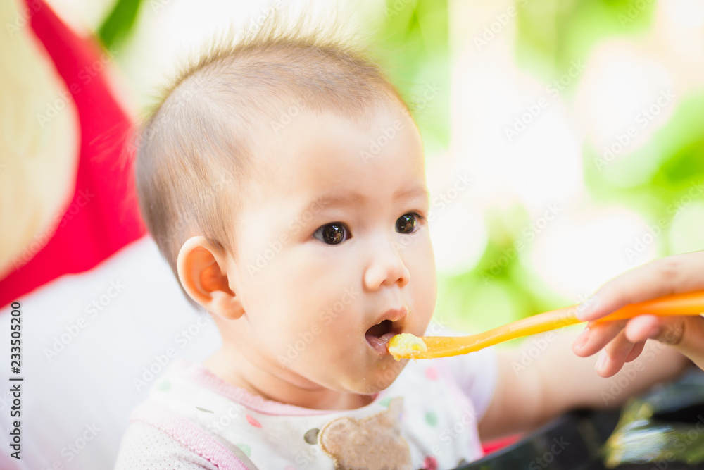 mother feeding her 7 months baby in the garden. mother feeding her 7 months baby in the garden.