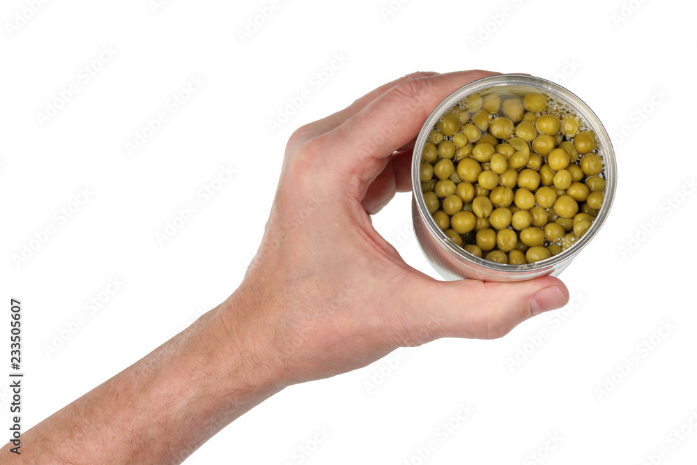 Elderly man holds in his hand an open tin with canned peas. Isolated Elderly man holds in his hand an open tin with canned peas. Isolated