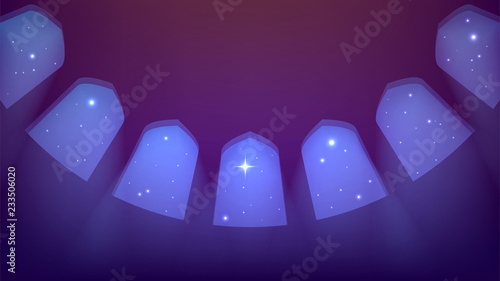 Interior of a mosque, dome with windows, night, church or castle