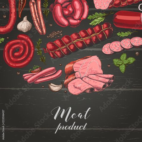Vector background with different color meat products in sketch style. Sausages, ham, bacon, lard, salami