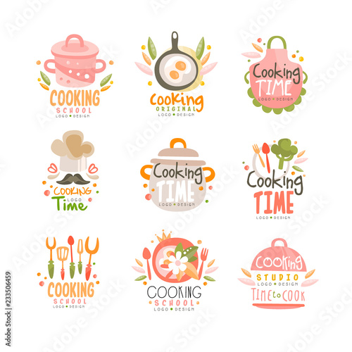 Cooking time studio logo design, kitchen emblem can be used for culinary class, course, school hand drawn vector Illustration on a white background