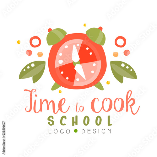 Time to cook school logo design, kitchen emblem with alarm clock can be used for culinary class, course, studio hand drawn vector Illustration