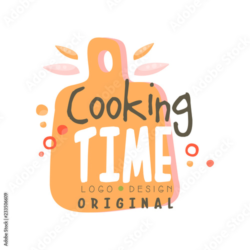 Cooking time logo design, kitchen emblem with cutting board can be used for culinary class, course, school hand drawn vector Illustration