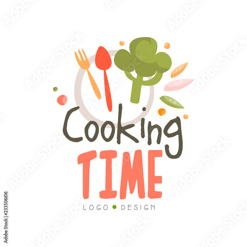 Cooking time logo design, hand drawn badge can be used for culinary class, course, school vector Illustration on a white background