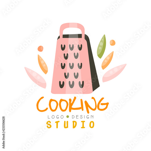 Cooking studio logo design, emblem with grater can be used for culinary class, school, course hand drawn vector Illustration