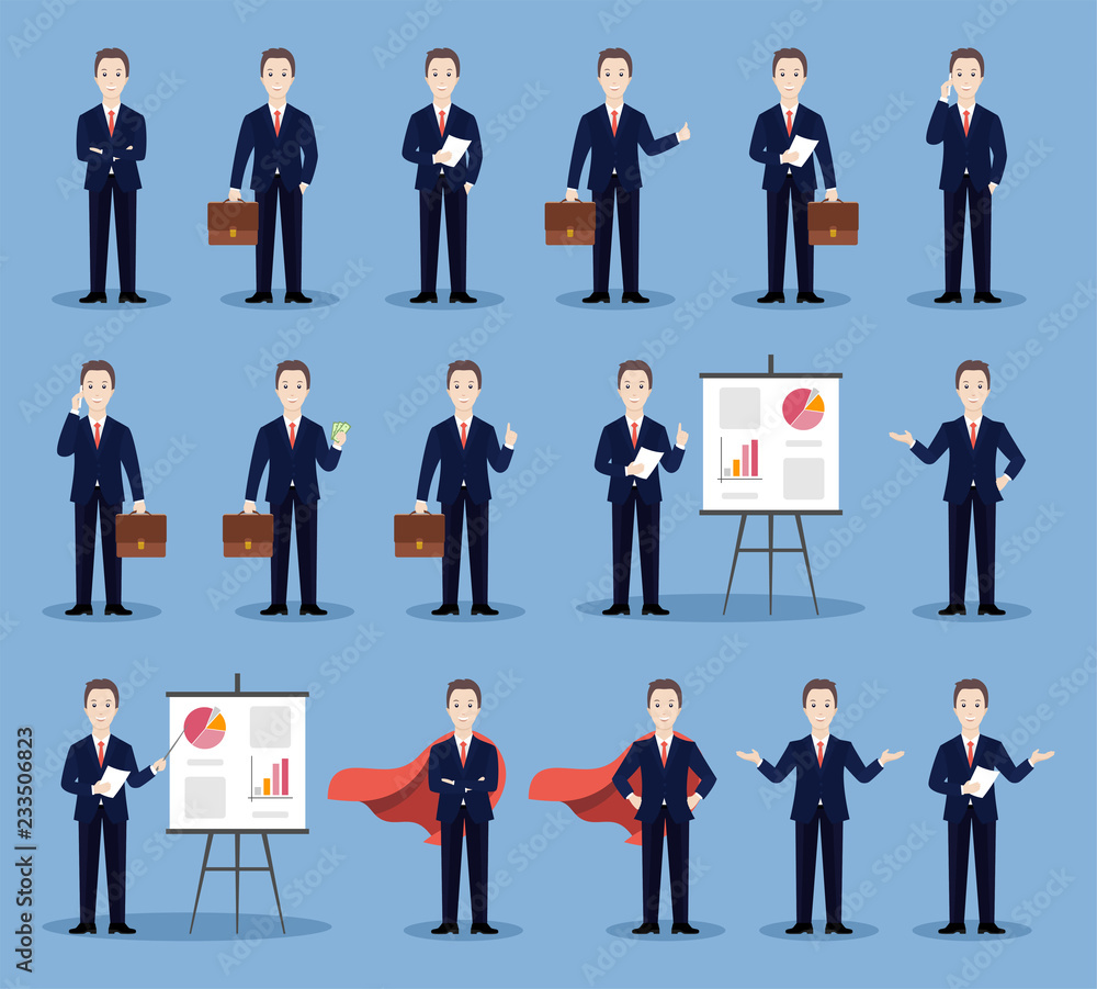 A set of businessman characters in various poses. Flat illustration. A set of businessman characters in various poses. Flat illustration.