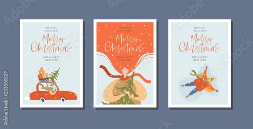 Merry christmas and happy new year greeting cards with people. Vector winter season set. Holidays outdoor activities. Postcard or invitation template.