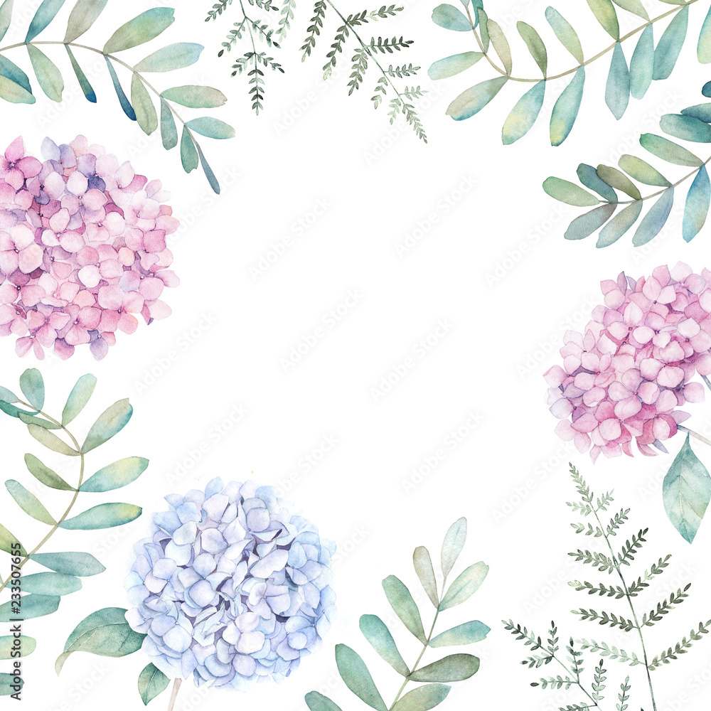 Wedding floral frame with eucalyptus branch, fern and hydrangea. Watercolor hand drawn illustration