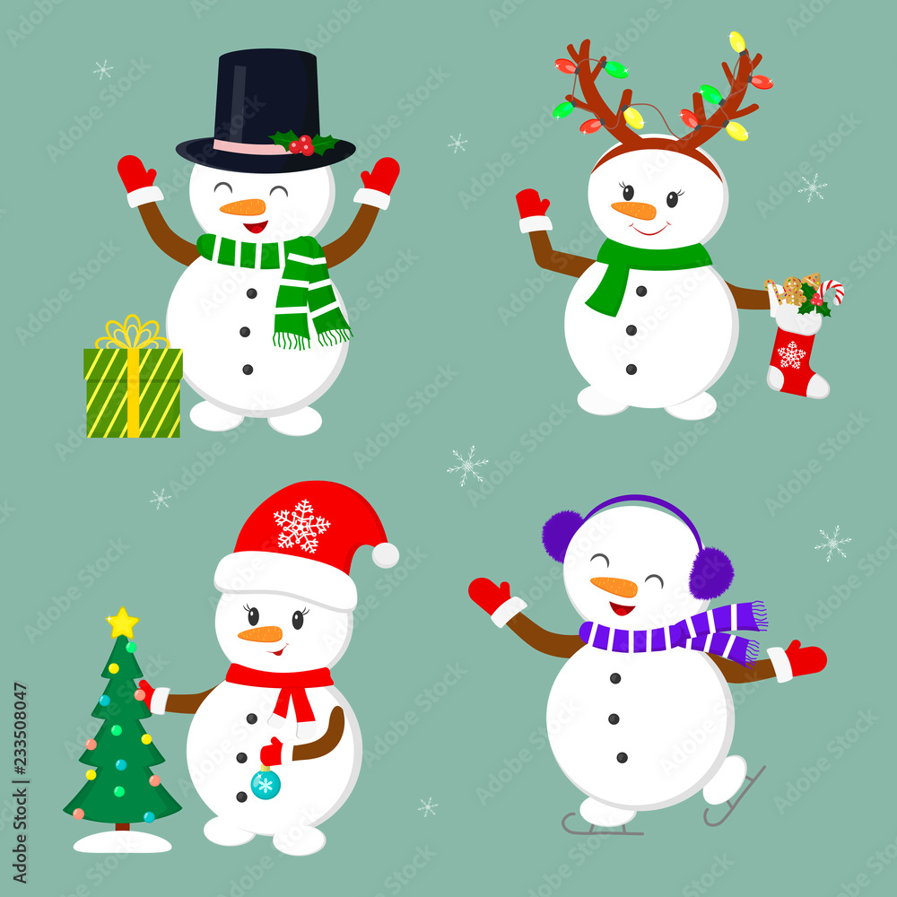 New Year and Christmas card. Set of four cute snowmen in different hats and poses in winter. Christmas tree, gifts, confetti, skates and ice. Cartoon style, vector