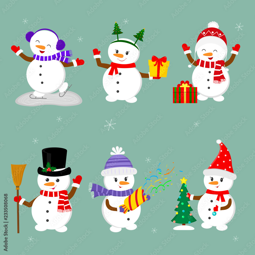 New Year and Christmas card. Set of six cute snowmen in different hats and poses in winter. Christmas tree, gifts, confetti, skates and ice. Cartoon style, vector
