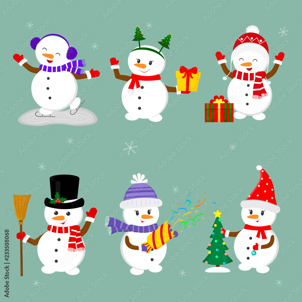 New Year and Christmas card. Set of six cute snowmen in different hats and poses in winter. Christmas tree, gifts, confetti, skates and ice. Cartoon style, vector New Year and Christmas card. Set of six cute snowmen in different hats and poses in winter. Christmas tree, gifts, confetti, skates and ice. Cartoon style, vector