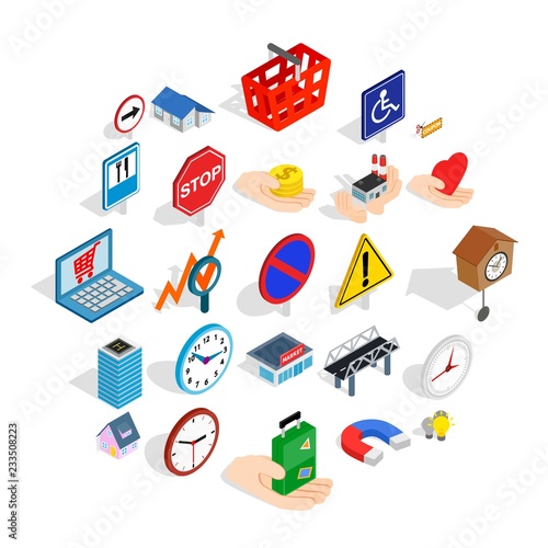 Town icons set. Isometric set of 25 town vector icons for web isolated on white background