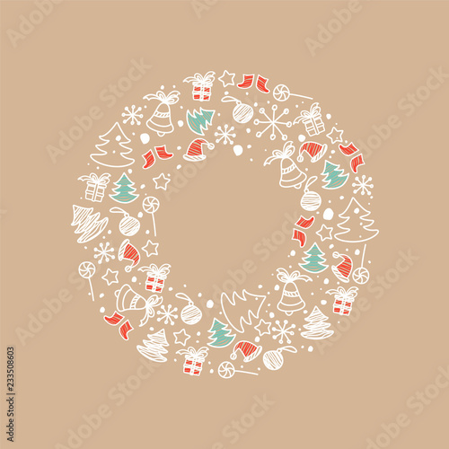Symbols of the new year in the style of the doodle on a beige background. Flat illustration of Сhristmas symbols.