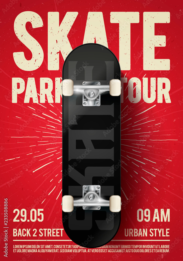 Vector Illustration Vintage Urban Skateboarding Festival Event Design Poster  Flyer with Skateboard. Skate Park Tour Background with Grunge Effects.  vector de Stock | Adobe Stock