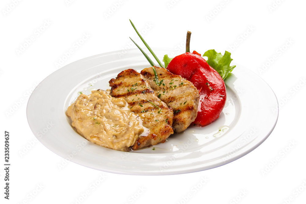 Fried pork in Latvian style. On a white background
