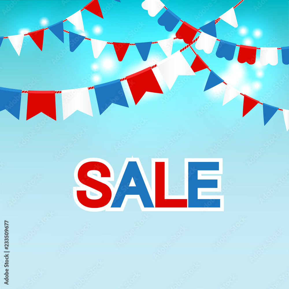 Vector illustration of Blue sky with colorful flags garlands and text sale.