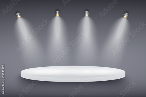 Light box with Black and white presentation circle platform on light backdrop with four spotlights. Editable Background Vector illustration.