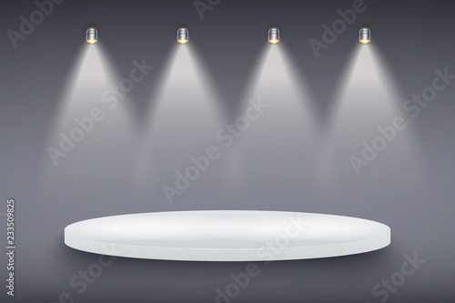 Light box with Black and white presentation circle platform on light backdrop with four spotlights. Editable Background Vector illustration.