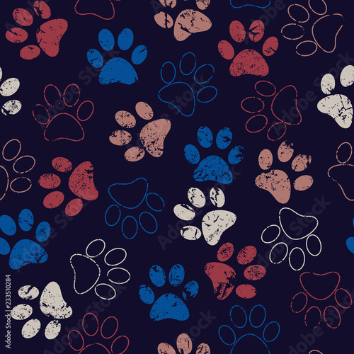 Vector seamless pattern with cat or dog footprints. Cute colorful paws. Animal concept. Foot steps. Veterinary