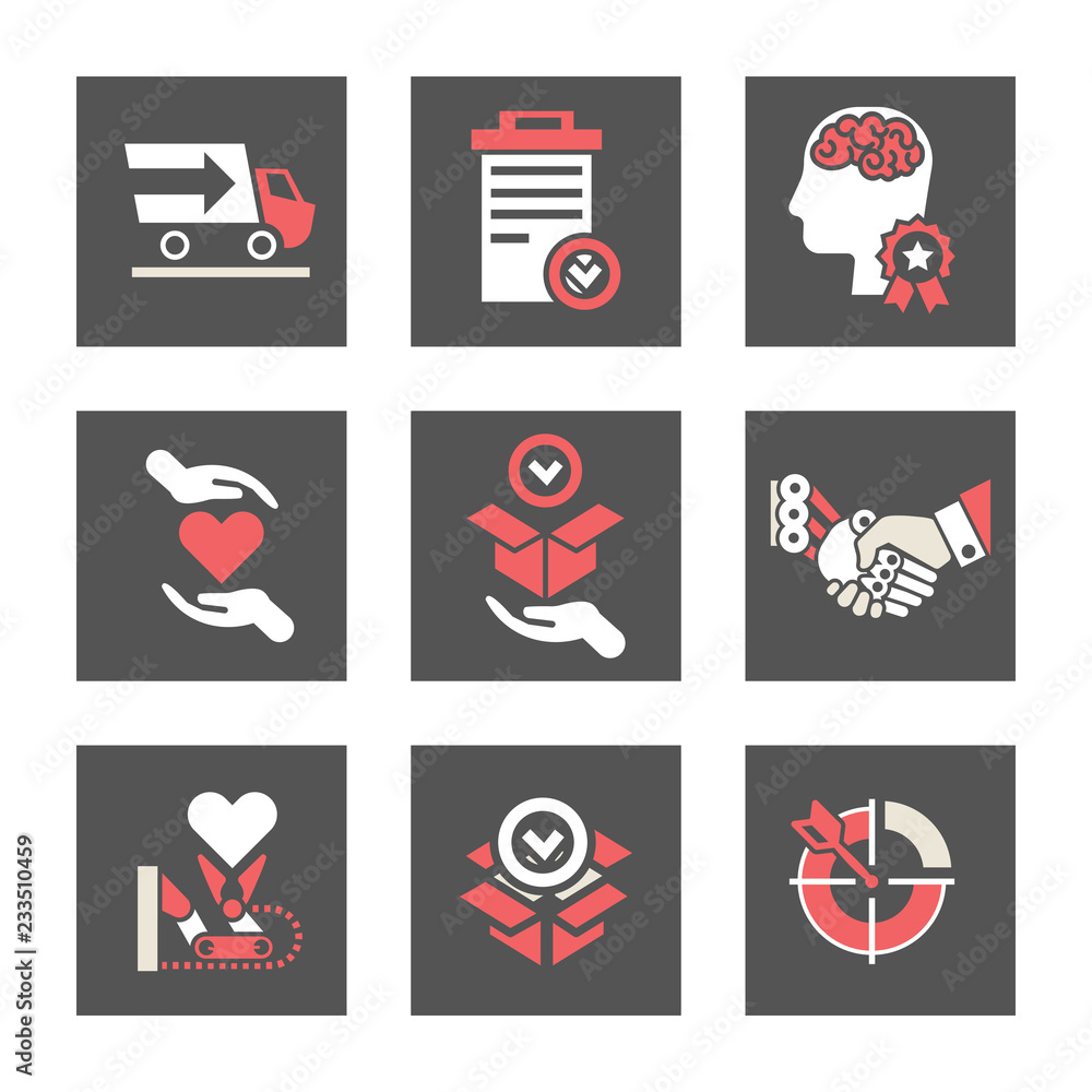 Icons in vector with different characteristics of the campaign for the web site. Care, guarantees, experience, delivery, loyalty, development and others. Simple flat style.