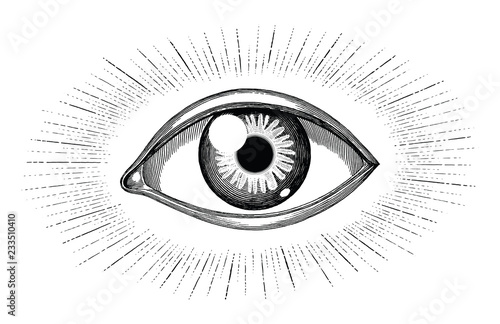 Human eye with rays tattoo hand draw vintage engraving isolated on white background