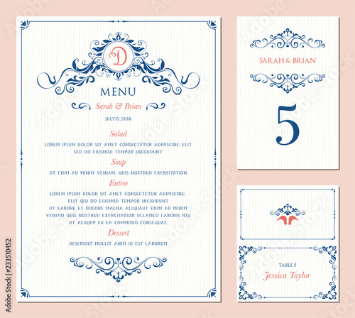 Ornate wedding table number, menu and place card. Swirl floral template. Classic vintage design. Vector illustration.