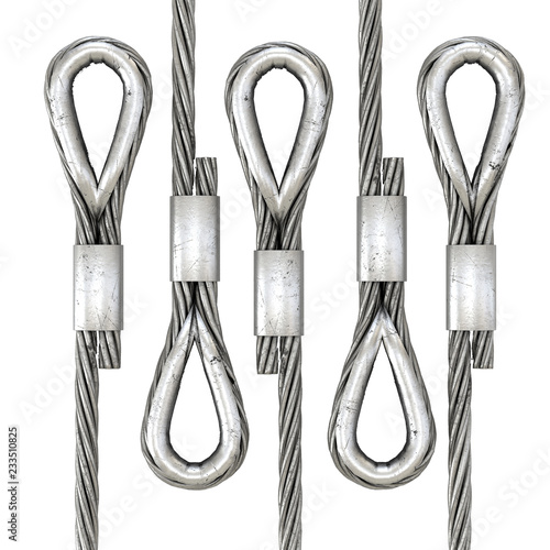 Metal Thimble and steel wire rope. Industrial building and yacht sport theme. 3D render Illustration isolated on a white background.
