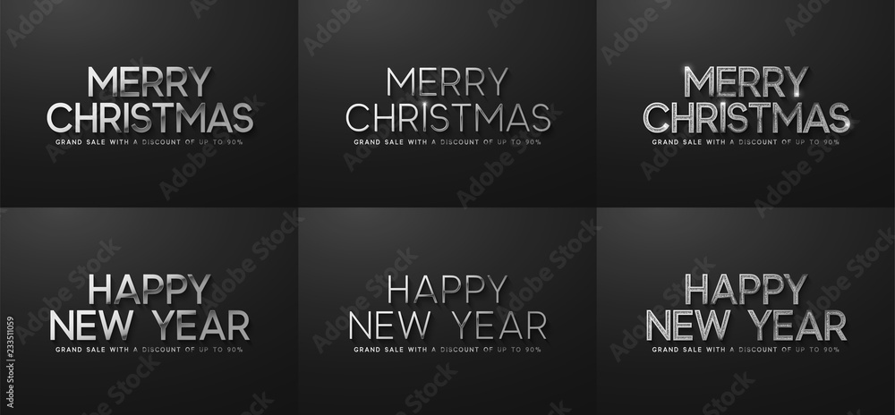 Merry Christmas and Happy New Year Sale. Banner, poster, logo silver color on black background.